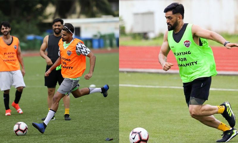 Shreyas Iyer to the left, MS Dhoni to the right. Latest MS Dhoni images in India?s retro jersey, football with Ranveer, Iyer