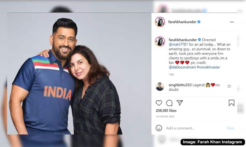 Famous Director Farah Khan with MS Dhoni. Latest MS Dhoni images in India?s retro jersey.