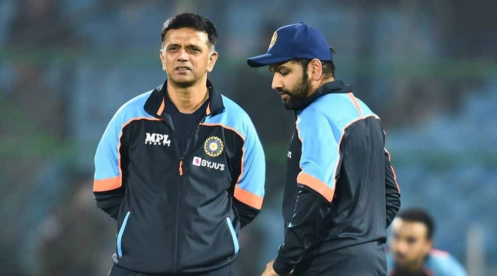 Rahul Dravid and Rohit Sharma during India vs New Zealand T20I series 2021 (PTI).