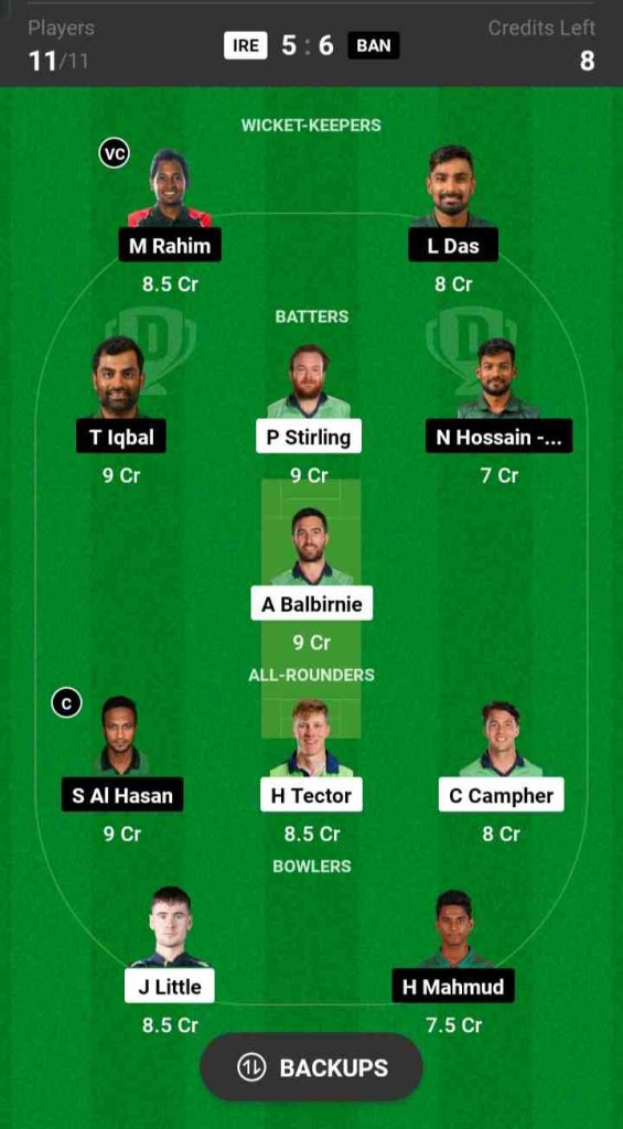 IRE vs BAN Dream11 Prediction